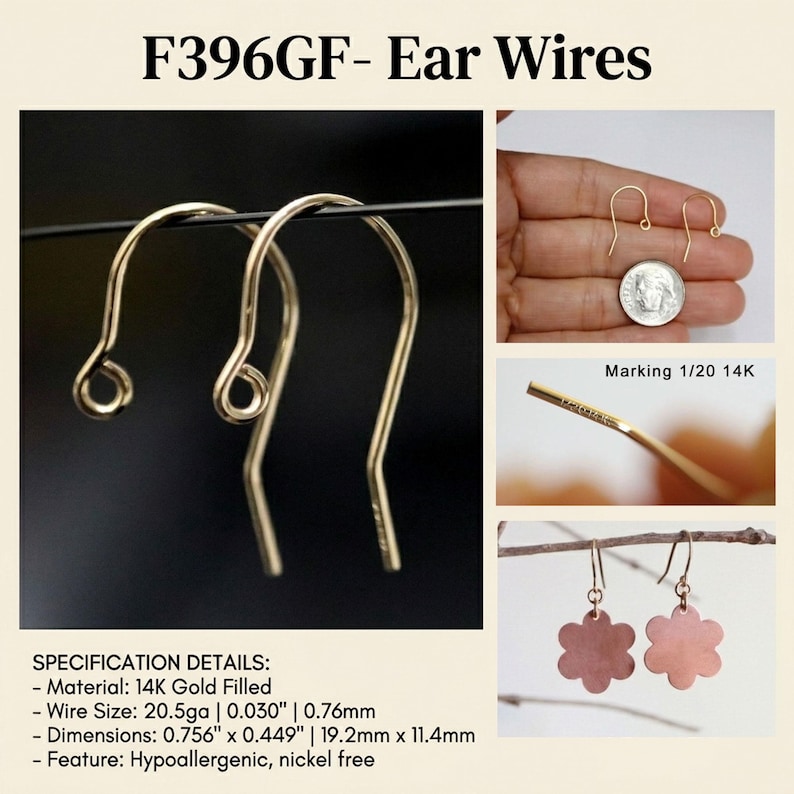May include: Gold-filled ear wires, labeled F396GF, with a curved hook design. The image shows close-ups of the wire, including a marking of 1/20 14K. The dimensions are 0.756" x 0.449" (19.2mm x 11.4mm).