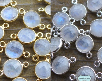 8mm Rainbow Moonstone Round Connectors Sterling Silver Gold Bezel Stone F391
