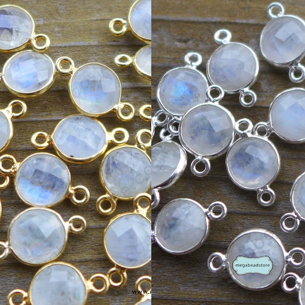 8mm Rainbow Moonstone Round Connectors Sterling Silver Gold Bezel Stone F391