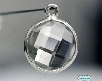 10mm Clear Quartz 925 Sterling Silver Bezel Gemstone Charm F383S