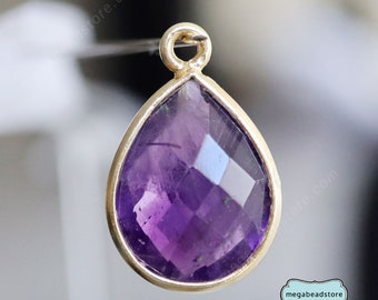 Natural Amethyst Stone Purple 12mm Tear Drop Gold Bezel Pendants F382