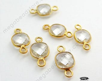 4 pcs Tiny 6mm Square Clear Quartz Natural Gold Bezel Connector F422