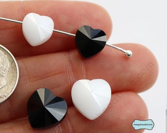Vintage Swarovski 5742 Heart Beads, Jet Black & Alabaster White Opaque, Discontinued Horizontally Drilled Austrian Crystals, 8mm 10mm