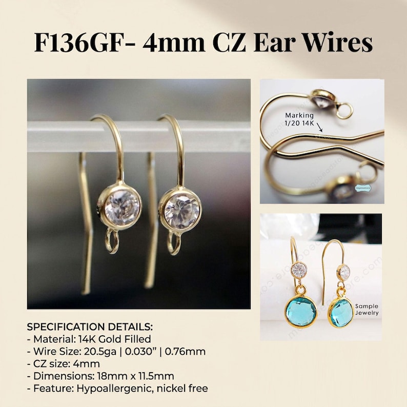 May include: Gold-filled ear wires with 4mm CZ stones. The earrings are 18mm x 11.5mm and hypoallergenic. The image includes close-ups of the earring design and the text "F136GF- 4mm CZ Ear Wires".