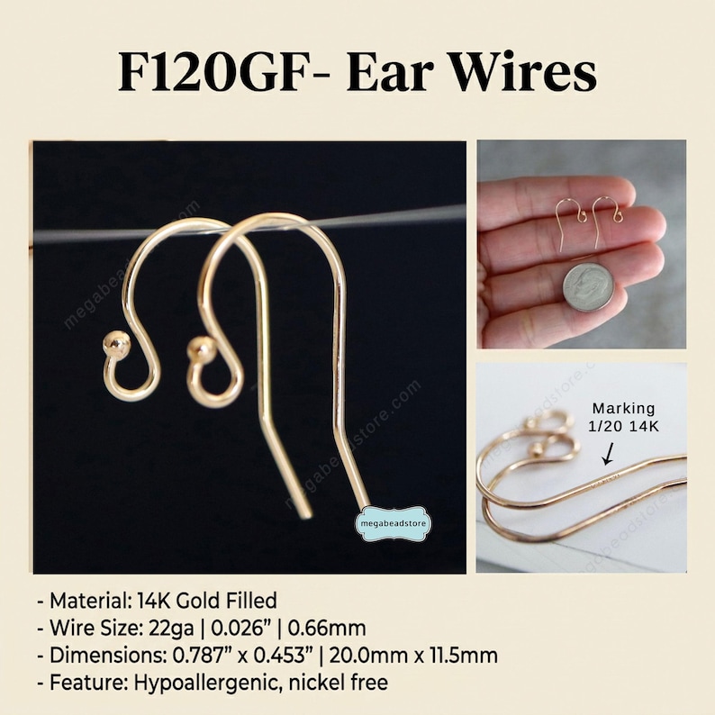 May include: Gold-filled ear wires with a rounded ball at the end. The image includes close-ups of the ear wires, showing their shape and detail. The text on the image says "F120GF- Ear Wires" and provides material and dimension details.