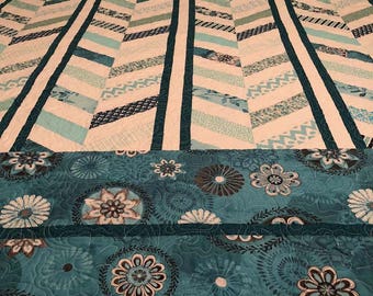 Beautiful Teal and White Modern Herringbone Quilt - 65.5" x 74" FREE U.S. shipping