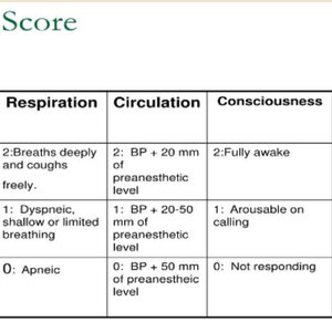 Pode incluir: Um gráfico intitulado "Pontuação de Aldrete" com cinco colunas: Atividade, Respiração, Circulação, Consciência e Saturação de Oxigénio. Cada coluna lista os critérios para pontuar a recuperação de um paciente da anestesia. Os critérios são pontuados com 0, 1 ou 2, sendo 2 a melhor pontuação.