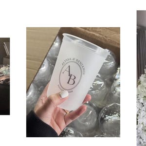 May include: Image with the text "DIY Wedding On A Budget!". The image shows wedding-related items: save-the-date cards, a wooden sign with a last name, a cup with a logo, and a floral archway. The items suggest a DIY wedding theme.