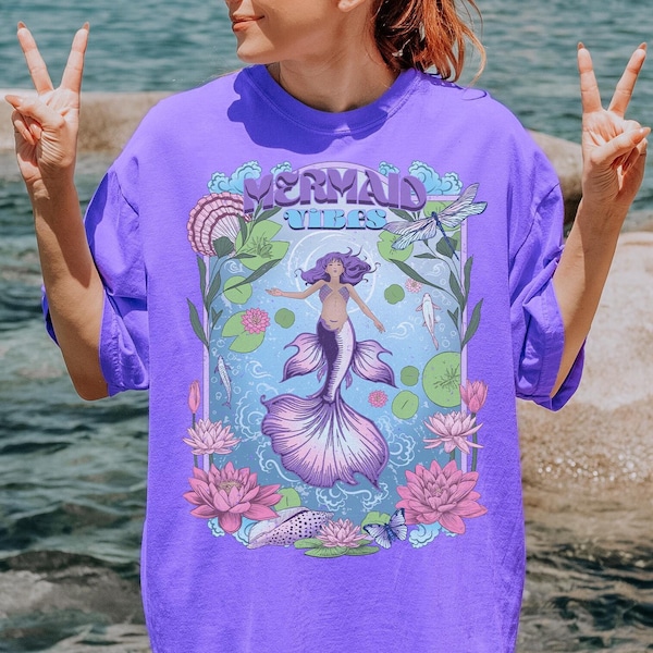 Mermaid Vibes Vintage Boho Tee for Nerdy Fantasy Book Lover Whimsical Siren Shirt Mermaidcore Gift with Mystical Sea Creature and Water Lily