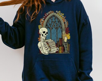 Reader’s Thrill Hoodie for Spooky Season Reader and Grimdark Book Lover Gift for Autumn Dark Academia Gothic Bookish Halloween Skeleton Tee