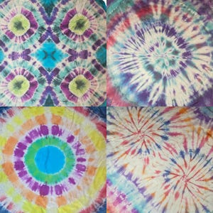 May include: A collage of four fabric sections featuring tie-dye patterns. The top left shows purple, green, and blue circular motifs. The top right displays a large purple and blue spiral. The bottom left has concentric rings of yellow, orange, purple, and blue. The bottom right features multiple red and blue starburst patterns.