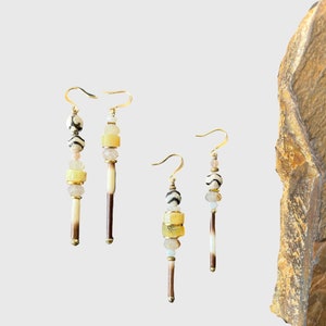 Yellow opal, zebra agate, porcupine quill and moonstone dangle earrings with gold plated earring hooks.