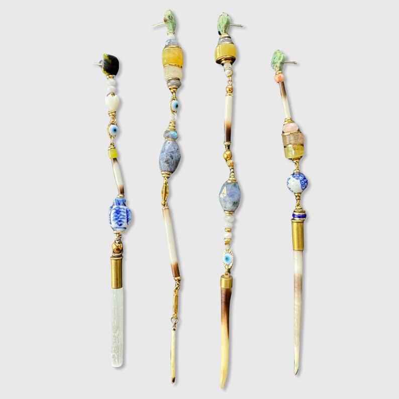 Opal Iolite/mismatched earring pairs/super long earrings/evil eye earrings/yellow opal/iolite earrings/porcupine quill earrings/long light image 1