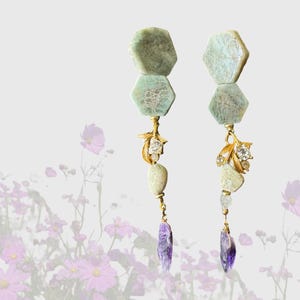 Amethyst aquamarine rhinestone earring/geometric stone earring/coquette jewelry/Bohemian wedding jewelry/mismatched earring pair
