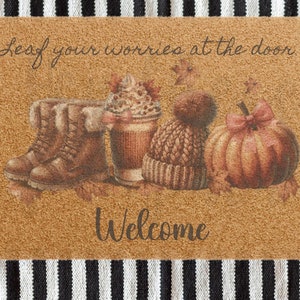 Fall Welcome Doormat: Coir Fiber, &#39;Leaf Your Worries at the Door&#39;
