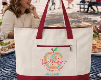 Personalized Teacher Tote Bag, Teaching Is A Work Of Heart Gift, Custom Teacher Name Tote, Teacher Appreciation Gift, End of Year Gift