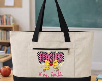 Personalized Teacher Tote Bag, Teacher Appreciation Gift, Faux Yarn Bow Teacher Bag, Coquette Teacher Tote, Custom Name Gift