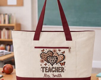Teacher Tote Bag Personalized, Custom Teacher Name Tote, Teacher Appreciation Gift, End of Year Teacher Gift, Zipper Canvas Tote Bag