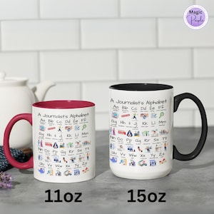 Caneca de café com alfabeto de jornalista, canecas decorativas, presente para repórter de notícias, caneca de chá para correspondente de mídia, decoração de escritório para redator de imprensa, tema de jornalismo