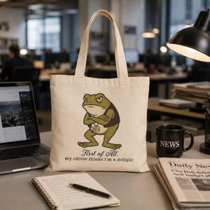 Grumpy Frog Journalist Tote Bag, Funny Reporter Canvas Bag, Newsroom Gift, Writer Tote, Press Journalist Bag, Gift for Reporter