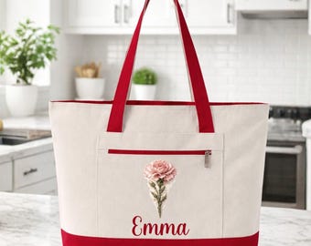 Birth Flower Tote Bag Personalized, Custom Name Floral Tote, Birthday Flower Gift, Mothers Day Gift Mom Grandma Aunt Godmother