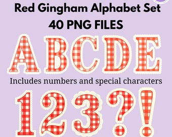 Red Gingham Alphabet PNG: Lace Border, Bilingual Font (Digital Download)
