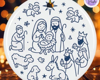 Nativity Line Art Ornament, Minimalist Blue Doodle Christmas Ceramic, Holy Family Gift