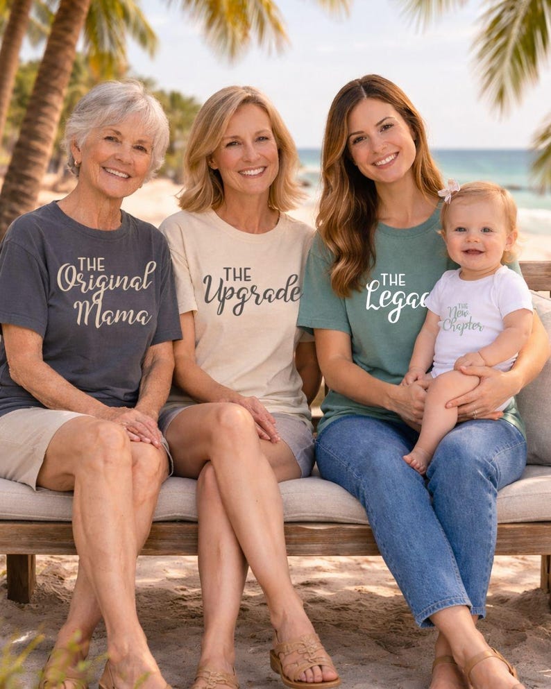 May include: Four people, including a baby, sit on a wooden bench near a beach. Each person wears a t-shirt with a different phrase: "The Original Mama," "The Upgrade," "The Legacy," and "The New Chapter."