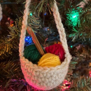 Crochet Yarn Basket Ornament, Birthday Present, Yarn Balls, Crocheted Ornament, Basket, Gift for Crocheter, Crochet Hook