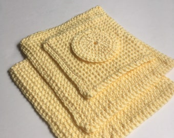 Crocheted Washcloth and Facial Scrub Set Yellow