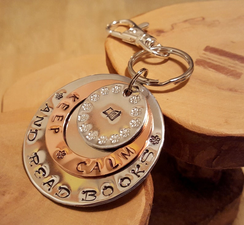 great gift idea for teachers librarians bibliophiles Keep Calm and Read Books hand stamped triple layer jumbo keychain ..