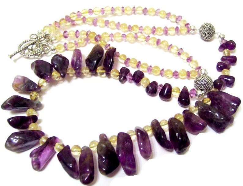 Wild Amethyst Freeform Nugget and Citrine Necklace Signature Design statement purple and yellow necklace