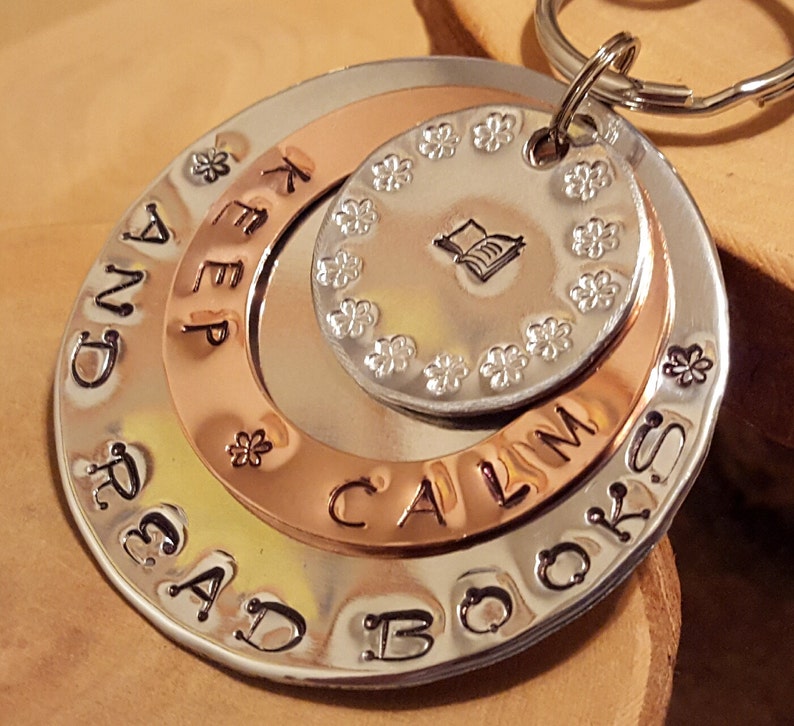 great gift idea for teachers librarians bibliophiles Keep Calm and Read Books hand stamped triple layer jumbo keychain ..