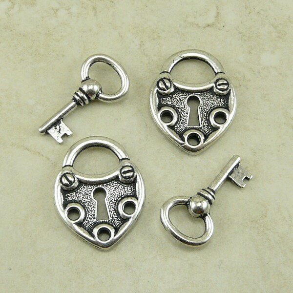 4 TierraCast Large Lock & Key Charms Mix Pack > Victorian Steampunk Heart Love - Silver Plated Lead Free Pewter Ship Internationally