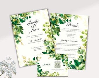 Ensemble minimaliste de faire-part de mariage floral vert, faire-part de mariage floral classique vert et or. Lot d'invitations avec QR code, téléchargement numérique