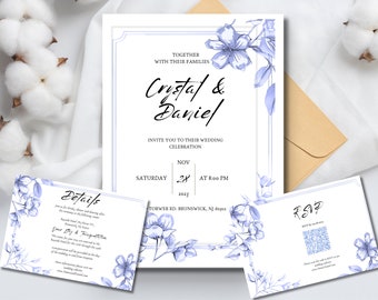 Ensemble minimaliste de faire-part de mariage floral bleu et blanc, faire-part de mariage fleur bleue. Lot d'invitations avec QR code, téléchargement numérique