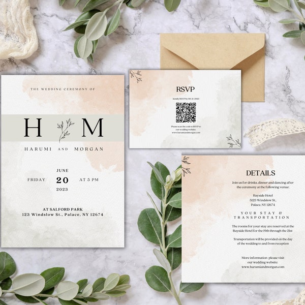 Minimalist Brown & Green and Beige Wedding Invitation Set, Water Color Wedding Invite. Invitation Bundle with Qr Code, Digital Download