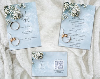 Ensemble bleu élégant de faire-part de mariage foral, faire-part de mariage floral classique. Lot d'invitations avec QR code, téléchargement numérique