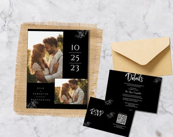 Minimalistisches Schwarz-Weiß-Foto-Hochzeits-Einladungsset, bearbeitbare Foto-Hochzeitseinladung. Einladungs-Bundle mit Qr Code, digitaler Download