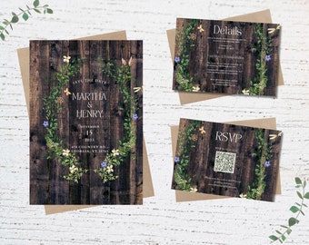 Ensemble de faire-part de mariage champêtre minimaliste, faire-part de mariage champêtre en bois. Lot d'invitations avec QR code, téléchargement numérique