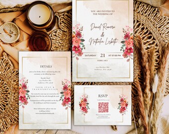 Floral Wedding Inviation, Watercolor Wedding Invitation, Rustic Wedding Invitations, Spring Wedding Invitations, Elegant Wedding Invitation