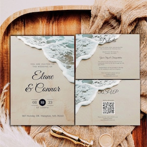 Beach Wedding Invitation, Beach Themed Wedding Invitation, Ocean Wedding Invitation, Waves Wedding Invitation, Minimalist Wedding Invitation