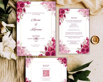 Floral Wedding Invitation, Elegant Wedding Invitation, Summer Wedding Invitation,  Red Wedding Invitation, Wedding Invitation Template