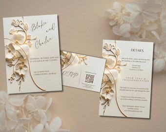 Ensemble élégant de faire-part de mariage fleuri ivoire, faire-part de mariage floral classique. Lot d'invitations avec QR code, téléchargement numérique