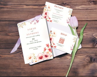 Ensemble de faire-part de mariage floral minimaliste, faire-part de mariage floral rouge et rose classique. Lot d'invitations avec QR code, téléchargement numérique