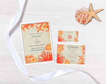 Ensemble de faire-part de mariage minimaliste sur le thème de la plage, faire-part de mariage orange et corail rouge. Lot d'invitations avec QR code, téléchargement numérique