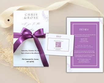 Ensemble de faire-part de mariage élégant, faire-part de mariage classique avec ruban violet. Lot d'invitations modifiables avec QR code, téléchargement numérique