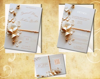 Ensemble élégant de faire-part de mariage fleuri ivoire et or, faire-part de mariage floral classique. Lot d'invitations avec QR code, téléchargement numérique