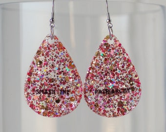 Large dangle smash the patriarchy glitter pink earrings resin