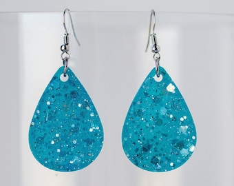 teal blue resin teardrop dangle earrings with silver iridescent glitter sparkles
